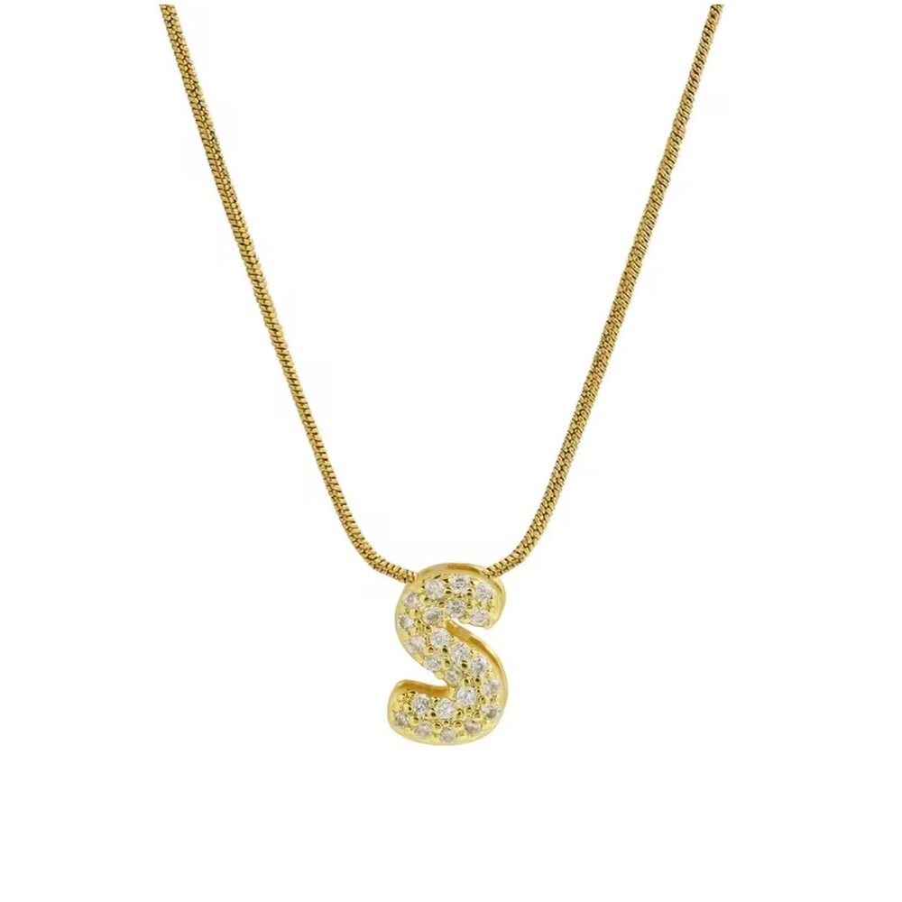 18k Gold Bubble Letter S Initial Necklace Pave Crystal Pendant‎